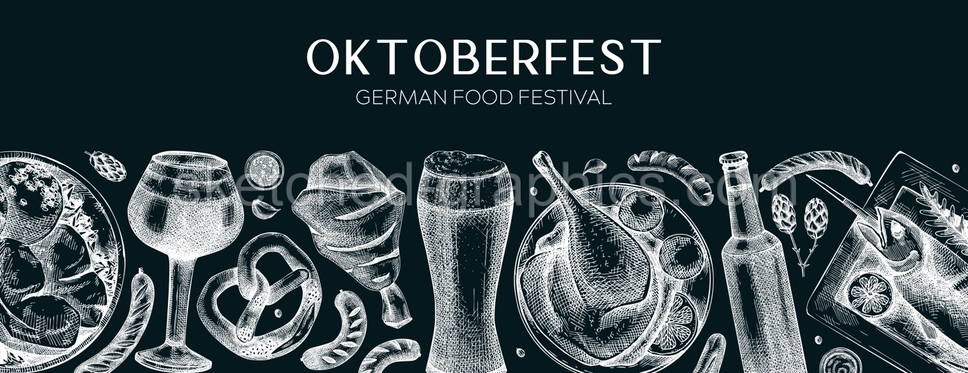 German food background on chalkboard. Oktoberfest menu design. Vector meat dishes sketches. German cuisine banner in vintage style. Traditional Food festival illustration. Beer hand drawing Illustration